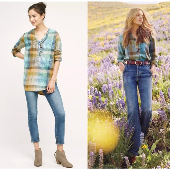 Anthropologie Isabella Sinclair Ruffled Plaid Henley size M - Picture 1 of 14